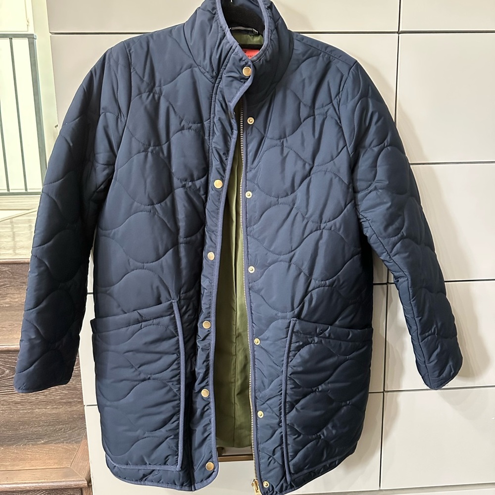 J. Crew Signature Puffer Coat Navy with Gold Accents size Medium - Picture 5 of 12